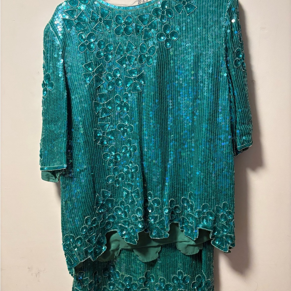 Teal Beaded Embellished Silk Top and Bottom by Casino Nights